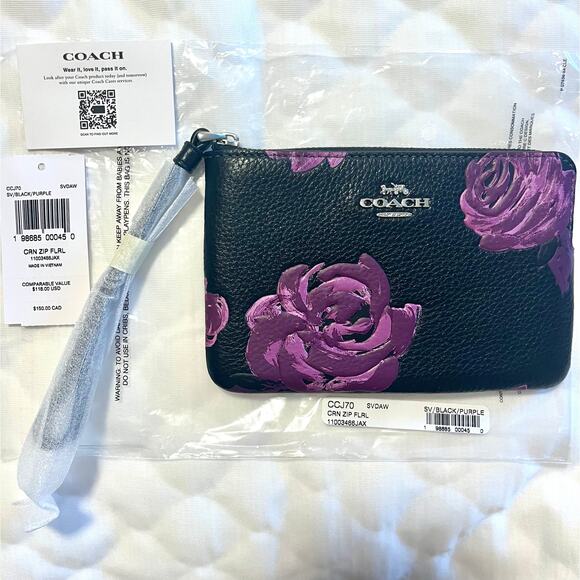 COACH NWT Leather Corner Zip Wristlet Wallet, Floral Print - Picture 5 of 7